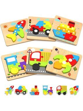 Wooden Toddler Puzzles for 1-3 Years - Montessori Educational Vehicle Shapes Toy